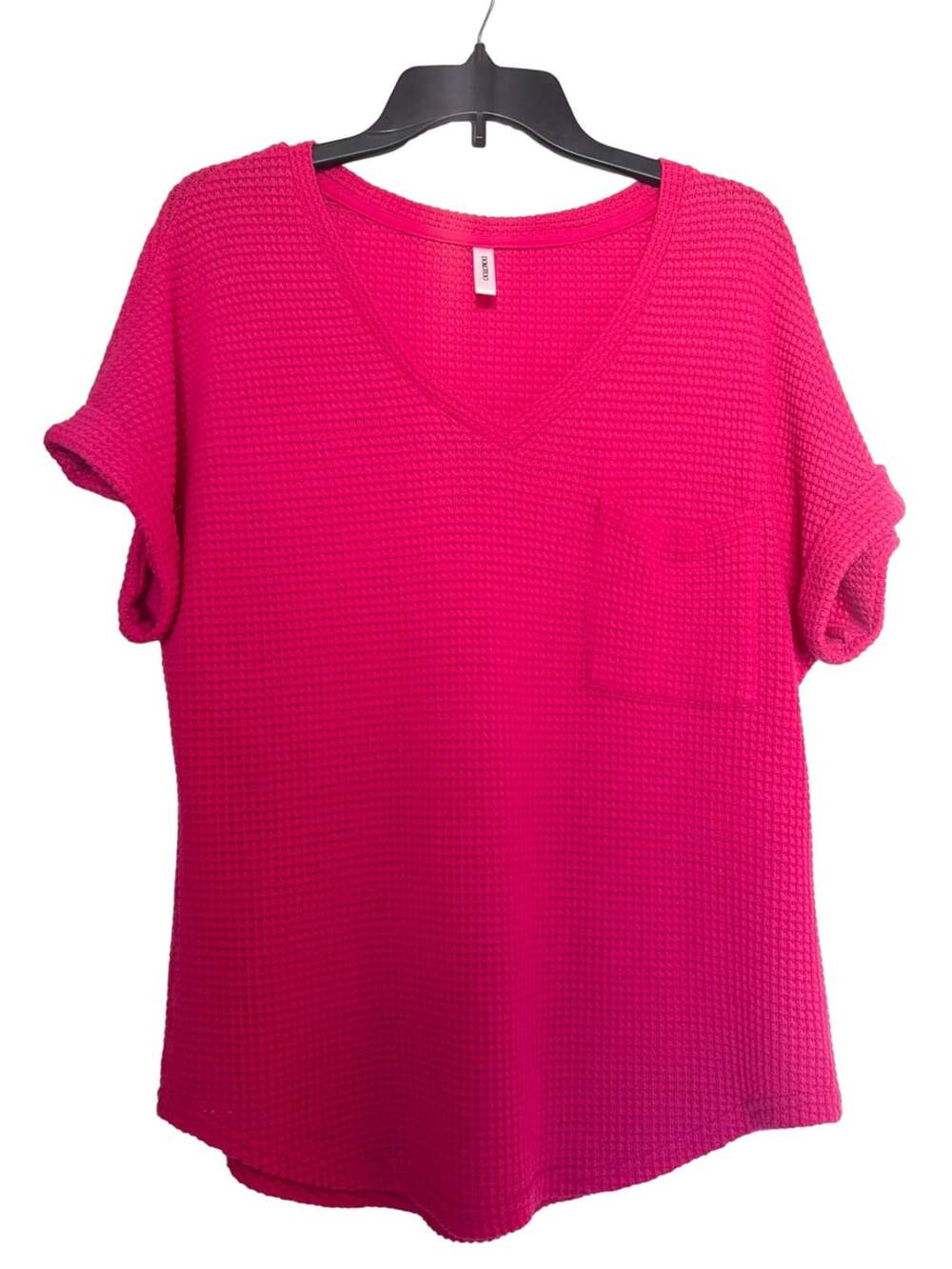 Dokotoo Women's V-Neck Waffle Knit Short Sleeve Pocket Top Size M Hot Pink